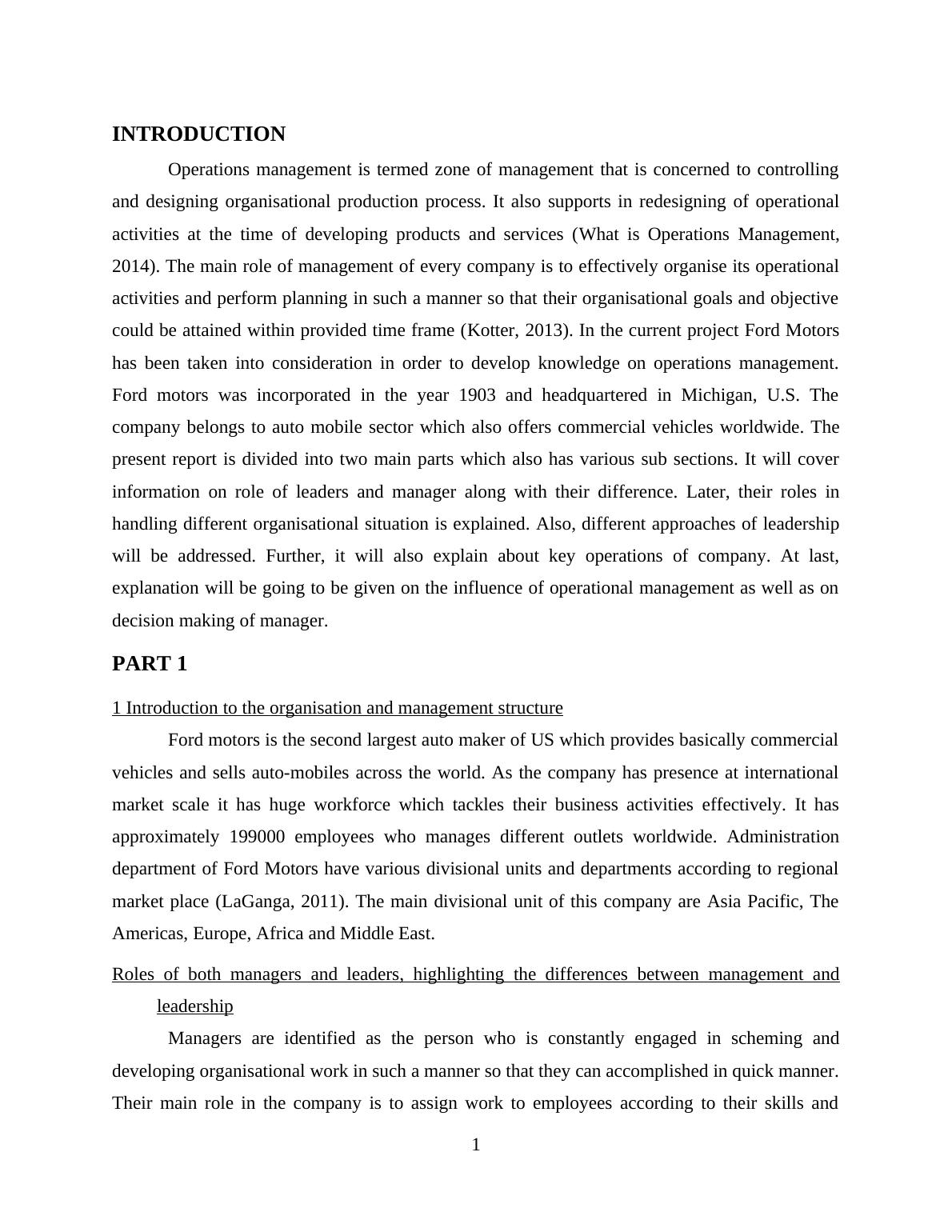 Introduction to the organisation and management structure : Assignment