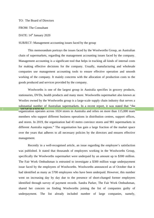 Memorandum: The Issues Faced by the Woolworths Group_2