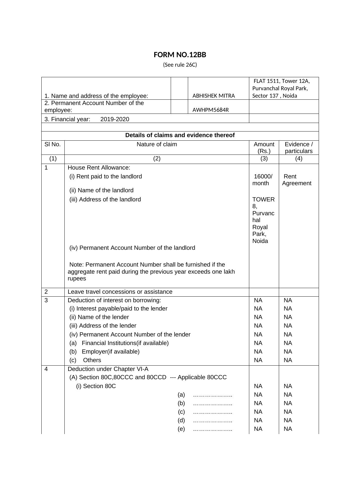 Form Number 12BB Under Rule 26C Docx.