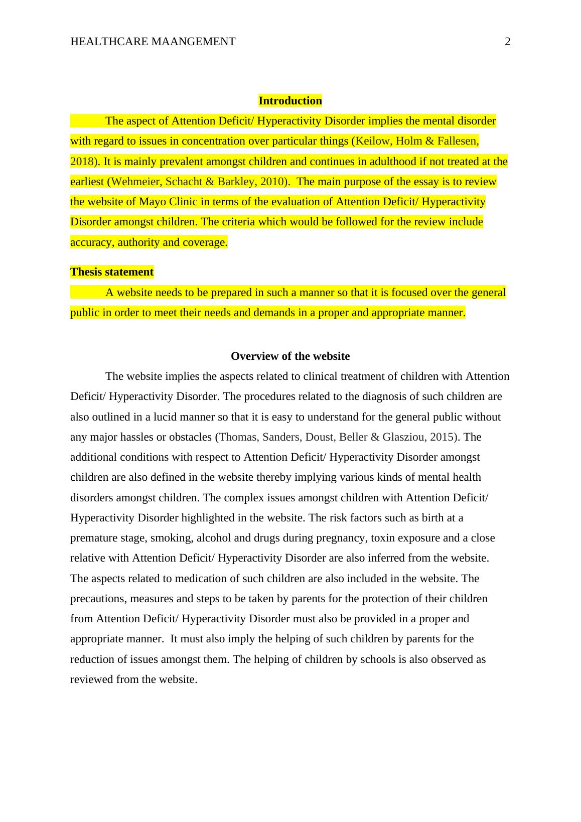 Review of Mayo Clinic site on ADHD in Children