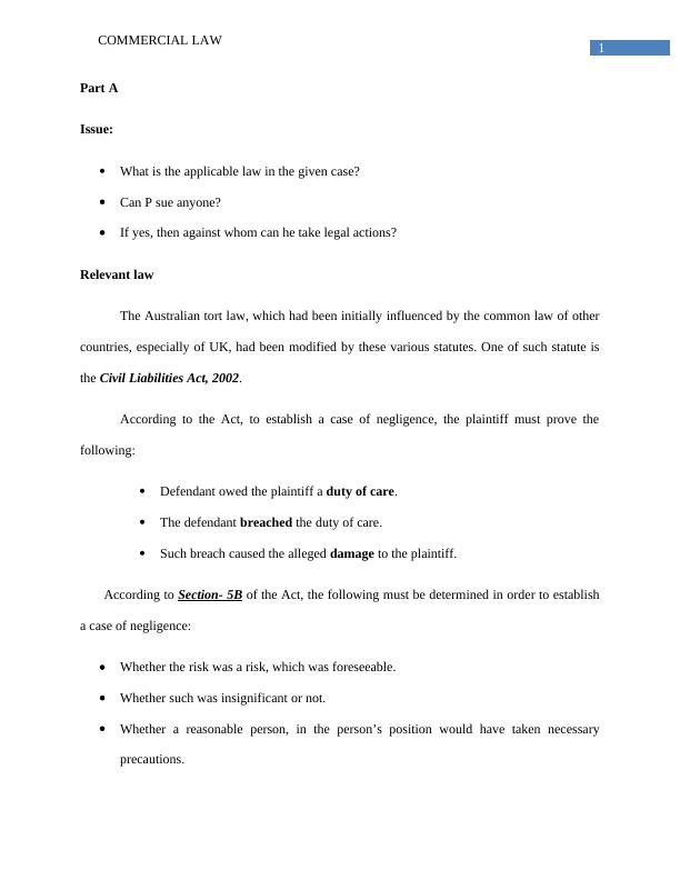 Commercial Law Assignment:Australian Tort Law_2