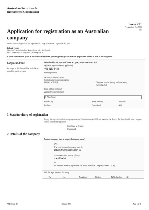 Form 201 - Application for Registration as an Australian Company_1