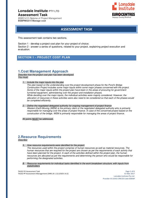BSBPMG514 Manage Project Cost Assessment Task for BSB51415 Diploma of Project Management_2