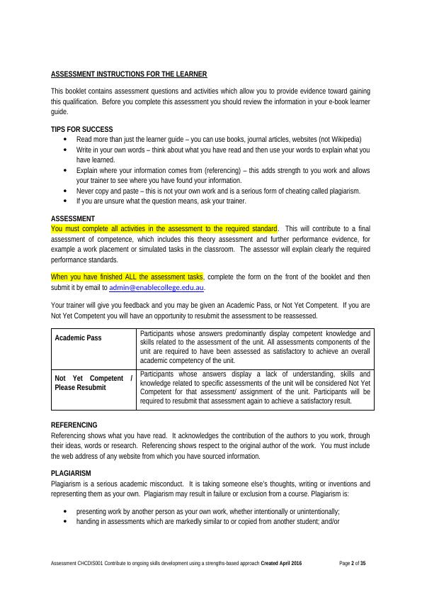 Assessment for CHCDIS001