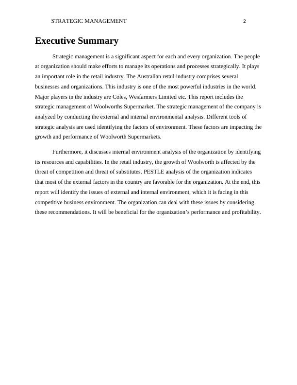 BUSM3125 - Strategic Management of Woolworth Supermarket: Assignment_2