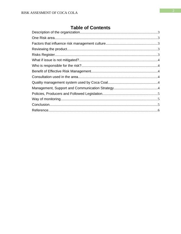 Risk Assessment of Coca Cola - Desklib