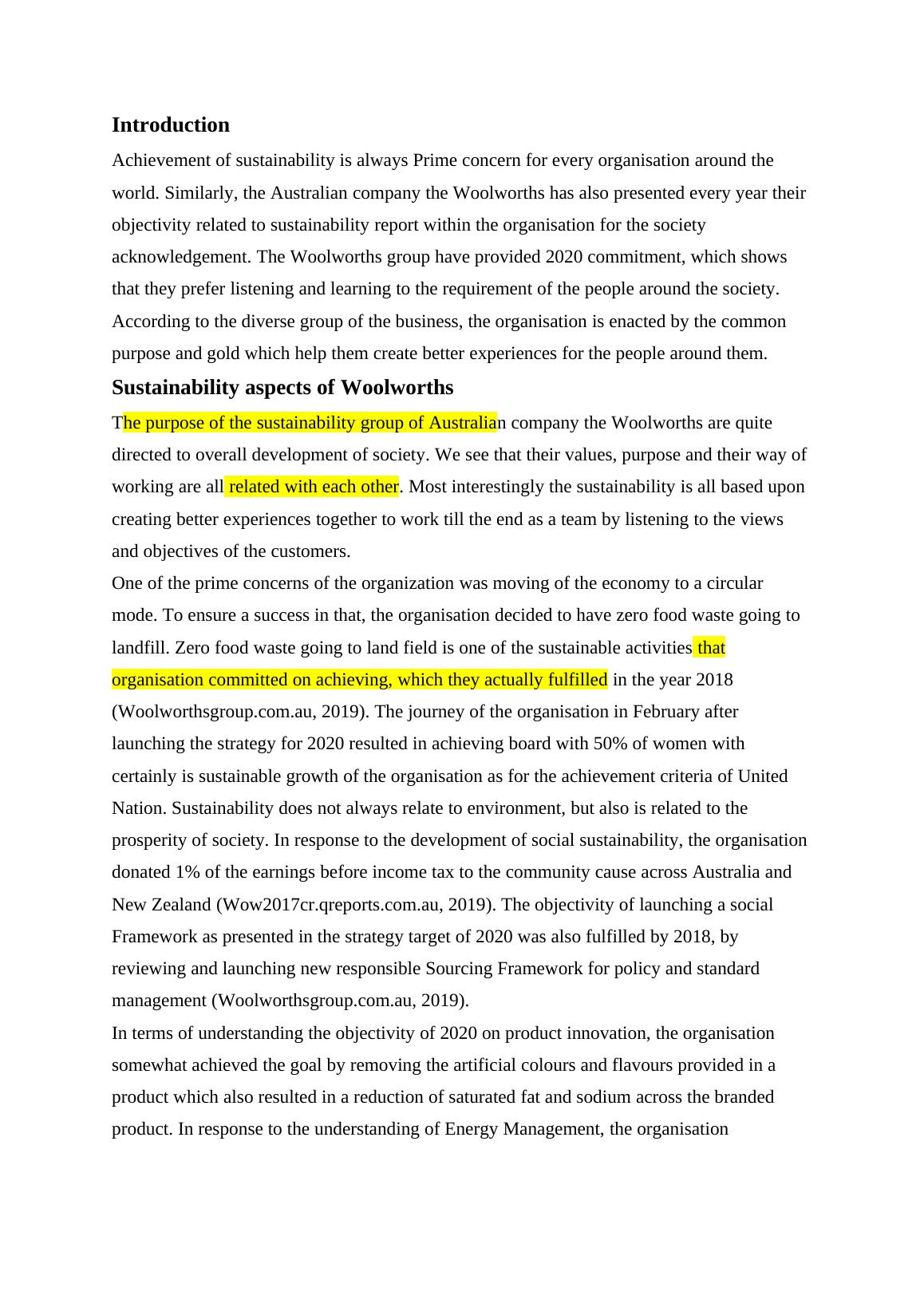 Sustainability Development Goals of Woolworths