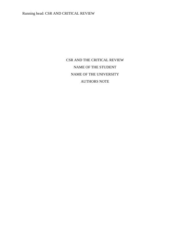 CSR And The Critical Review | Paper_1