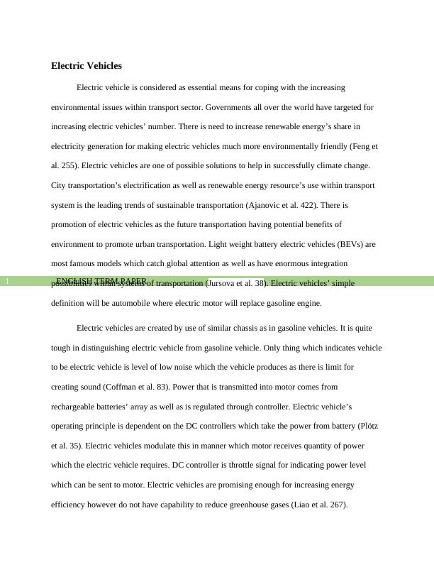 electric vehicles term paper