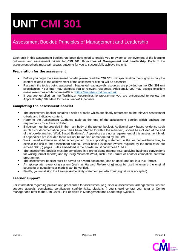 UNIT CMI 301 Principles of Management and Leadership_1