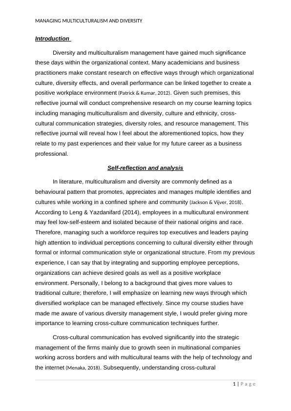 Managing Multiculturalism and Diversity Reflective Journal 2022_2
