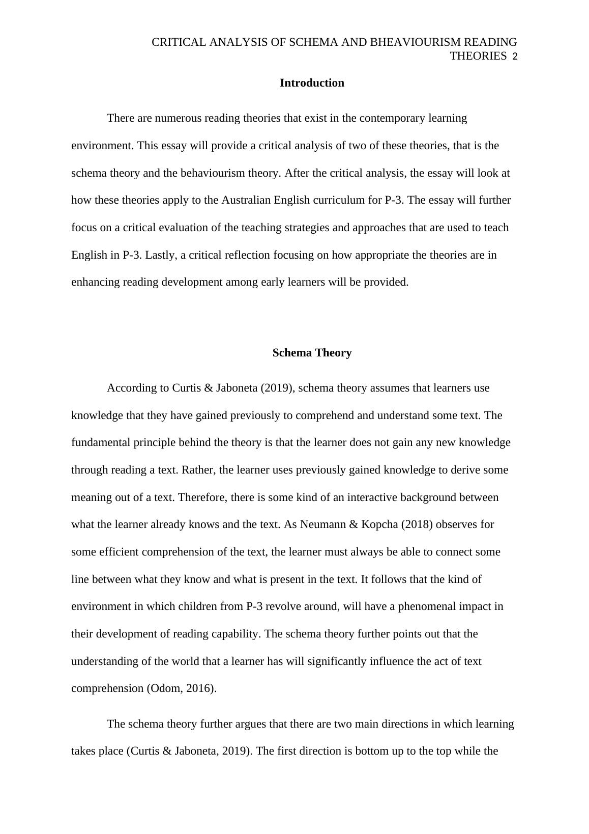 Critical Analysis of Schema and Behaviorism Reading Theories Essay 2022_2