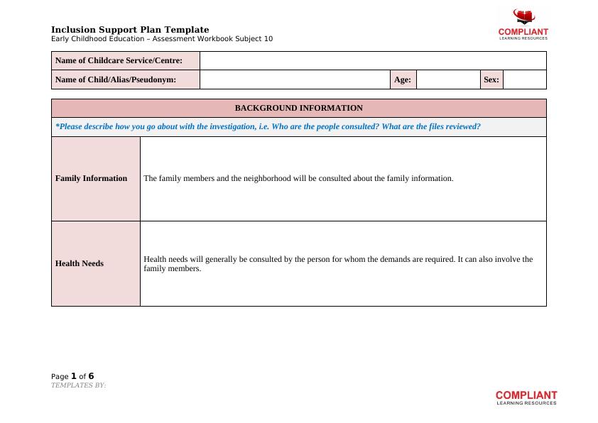 Inclusion Support Plan Template For Early Childhood Education Desklib