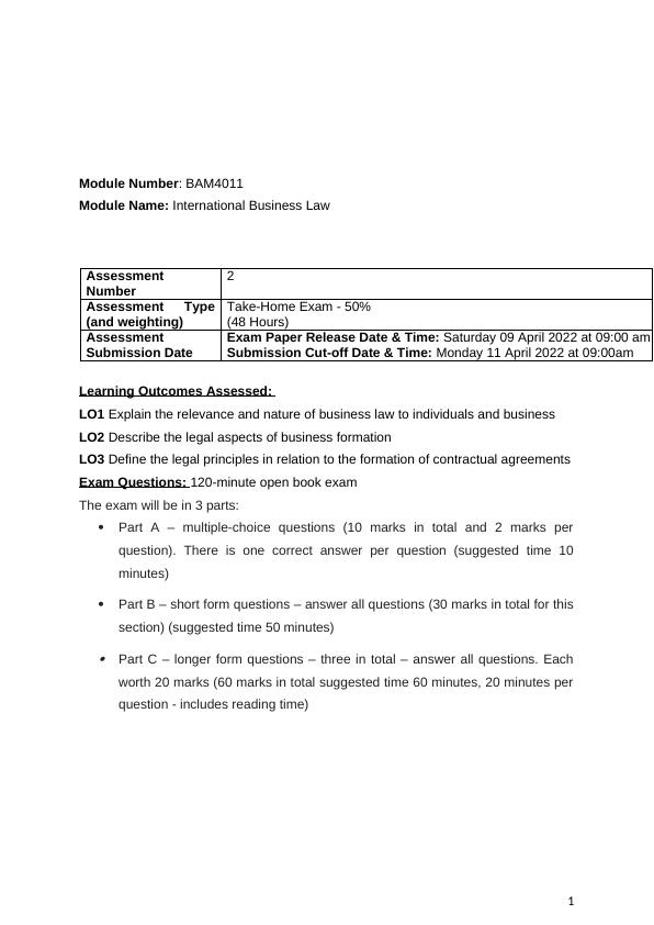 International Business Law TakeHome Exam Questions and Answers