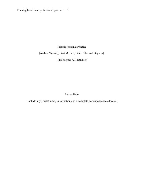 Interprofessional Practice: Self-Reflection, Clinical Question ...