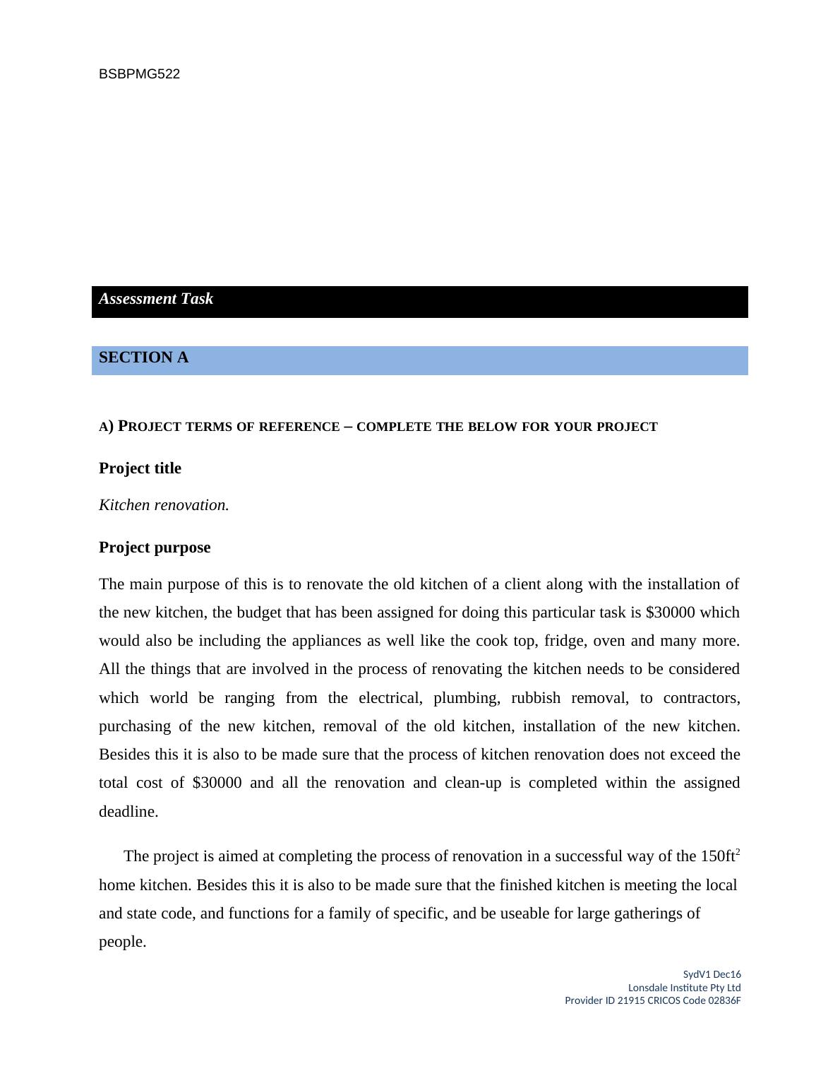 Kitchen Renovation Project Terms of Reference Desklib