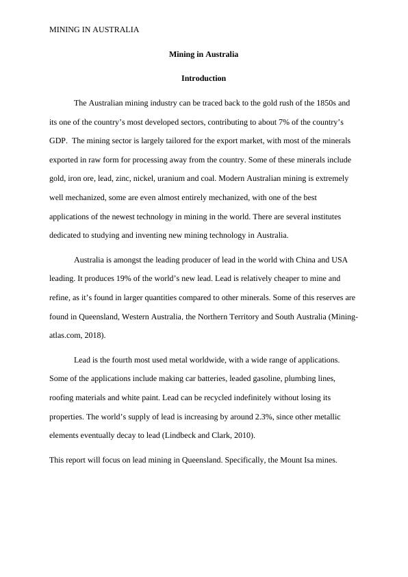 Lead Mining in Queensland A Study of Mount Isa Mines Desklib