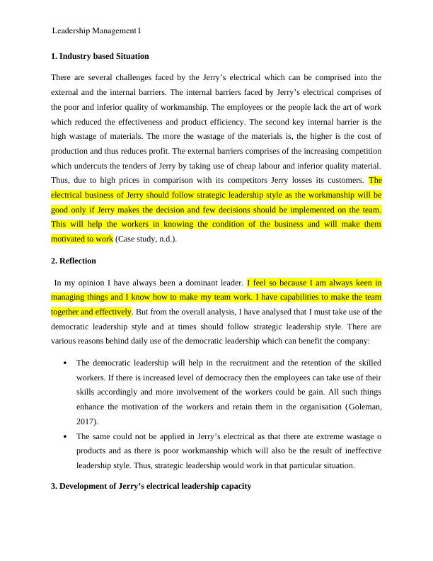 Leadership Management Challenges and Development of Jerry's Electrical