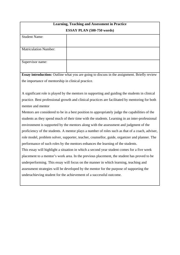 Learning, Teaching and Assessment in Practice - Essay Plan_1