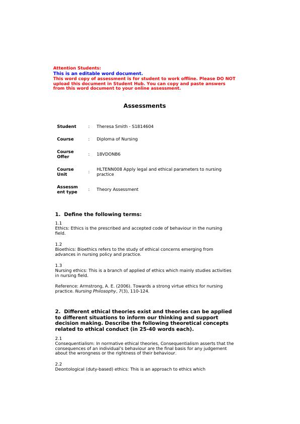 Legal and Ethical Parameters in Nursing Practice Theory Assessment