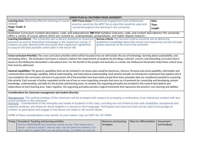 Lesson Plan for Southern Cross University - Professional Engagement and ...