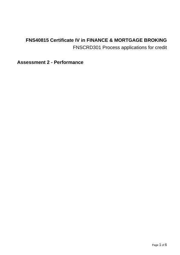 FNSCRD301 Process Applications for Credit, Assessment 2 - Performance_1
