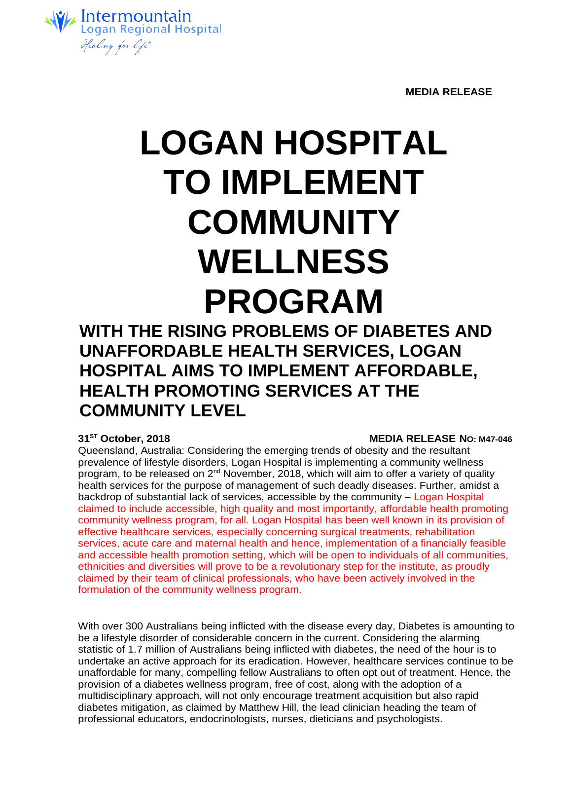 Logan Hospital Community Wellness Program for Diabetes and Affordable