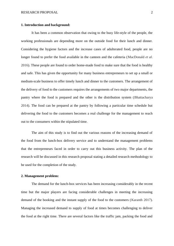 Research Proposal on Lunchbox Delivery Business Desklib