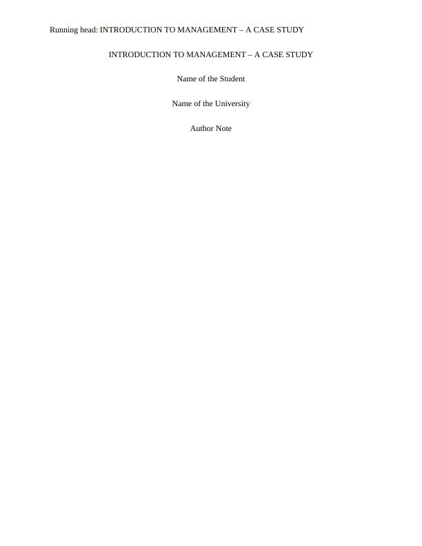 Introduction to Management A Case Study
