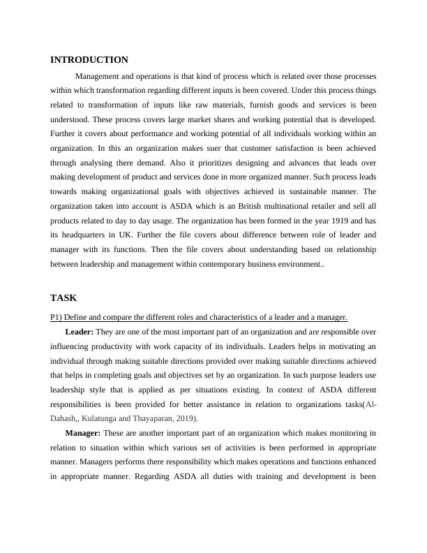 Management and Operations: Roles of Leaders and Managers in ASDA