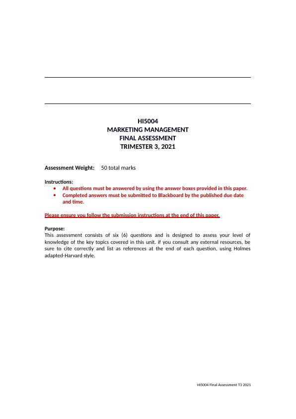 Marketing Management Final Assessment Desklib