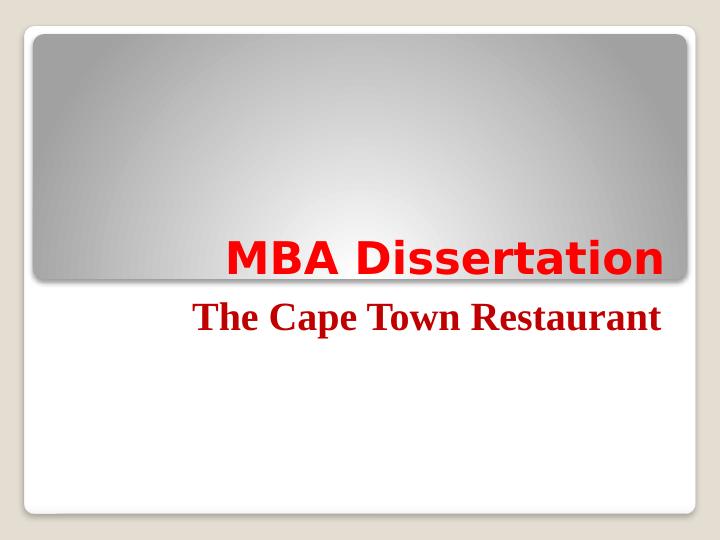 Marketing Plan for The Cape Town Restaurant: MBA Dissertation_1