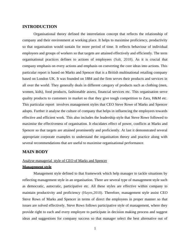 Analysis of Marks and Spencer Organisation Theory and Practice