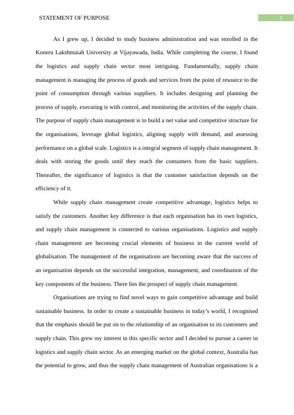 personal statement for masters in supply chain management