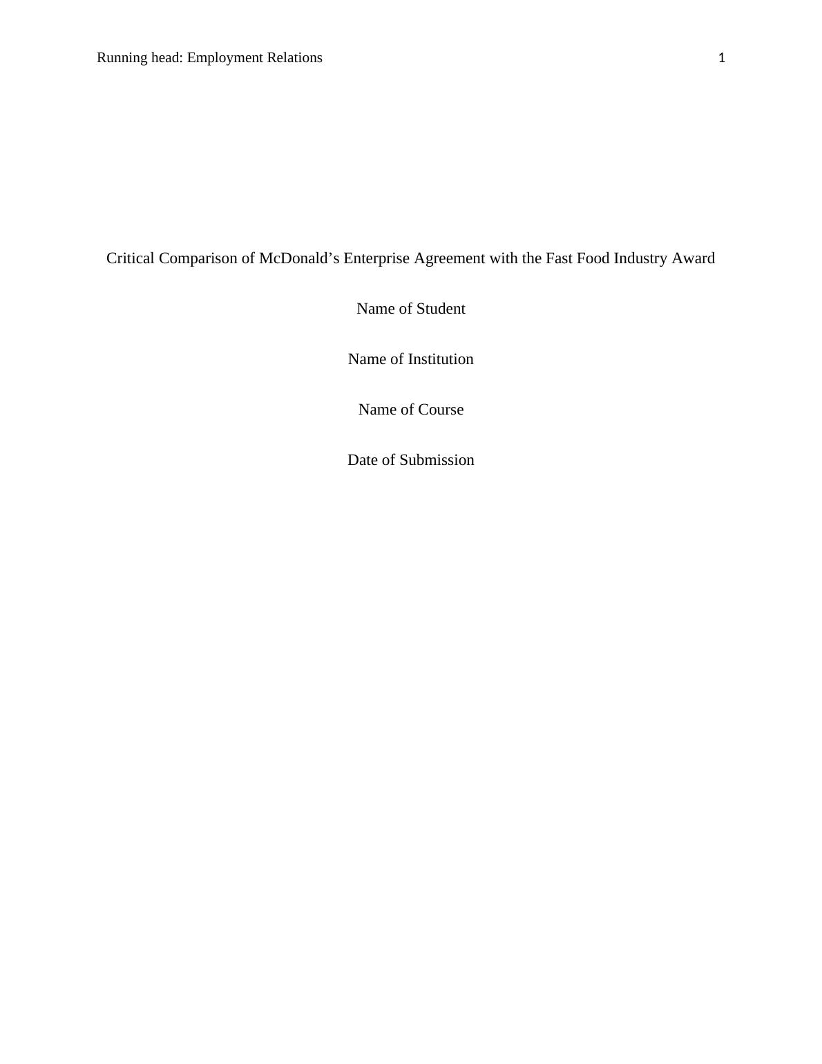 Comparison of McDonald’s Enterprise Agreement with Fast Food Industry Award