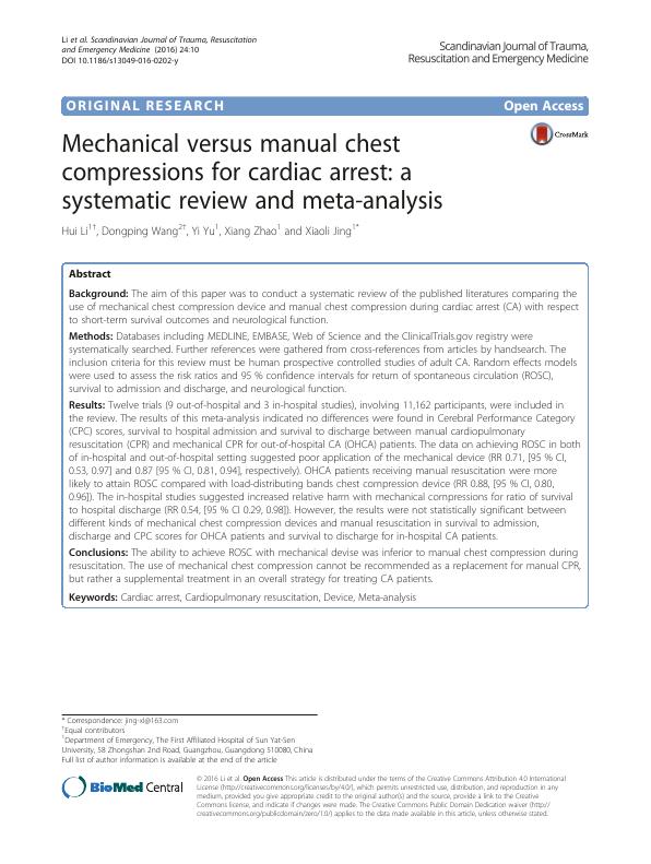 Mechanical versus manual chest compressions for cardiac arrest: a systematic review and meta-analysis_1