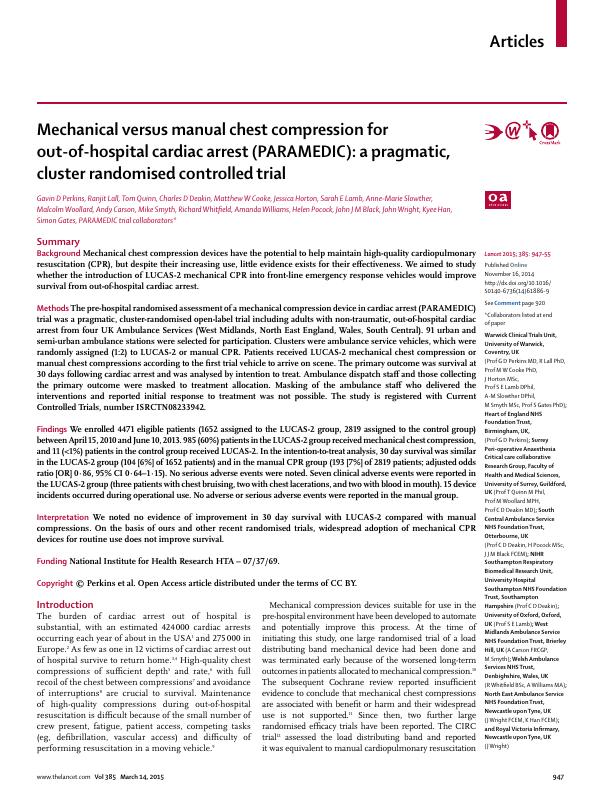 Mechanical versus manual chest compression for out-of-hospital cardiac arrest (PARAMEDIC): a pragmatic, cluster randomised controlled trial_1