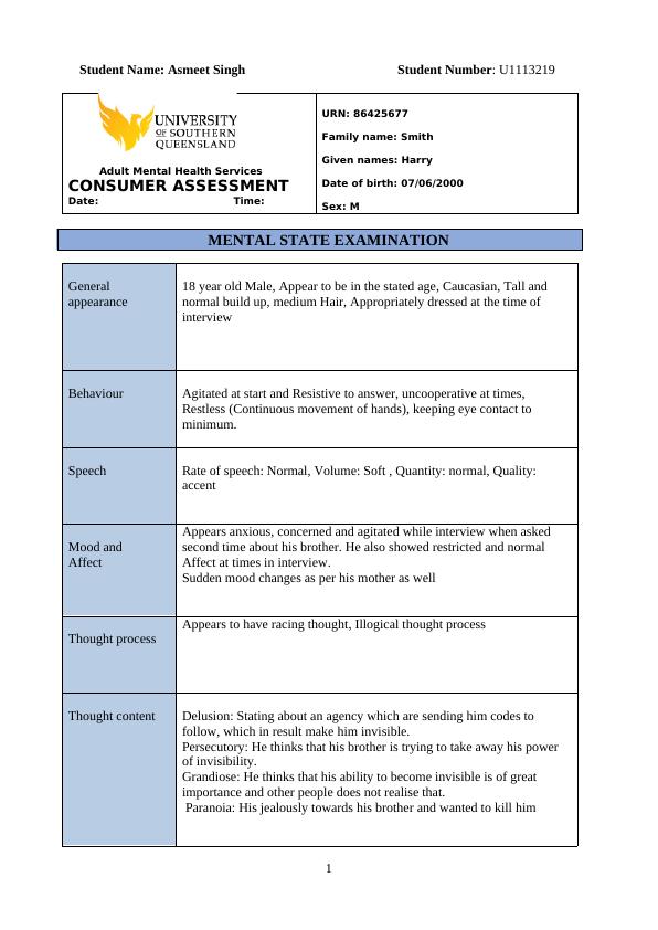 Mental Health Assessment and Nursing Report for Harry_1