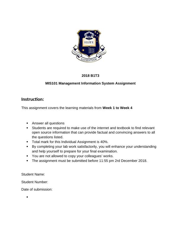 MIS101 Management Information  System Assignment_1