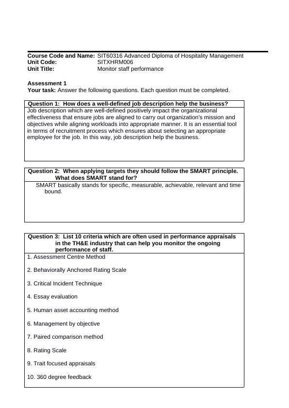 SITXHRM006 Monitor Staff Performance Assessment | Desklib