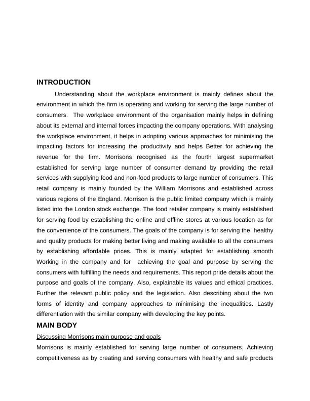 Morrisons' Work Environment Purpose, Values, and Policies