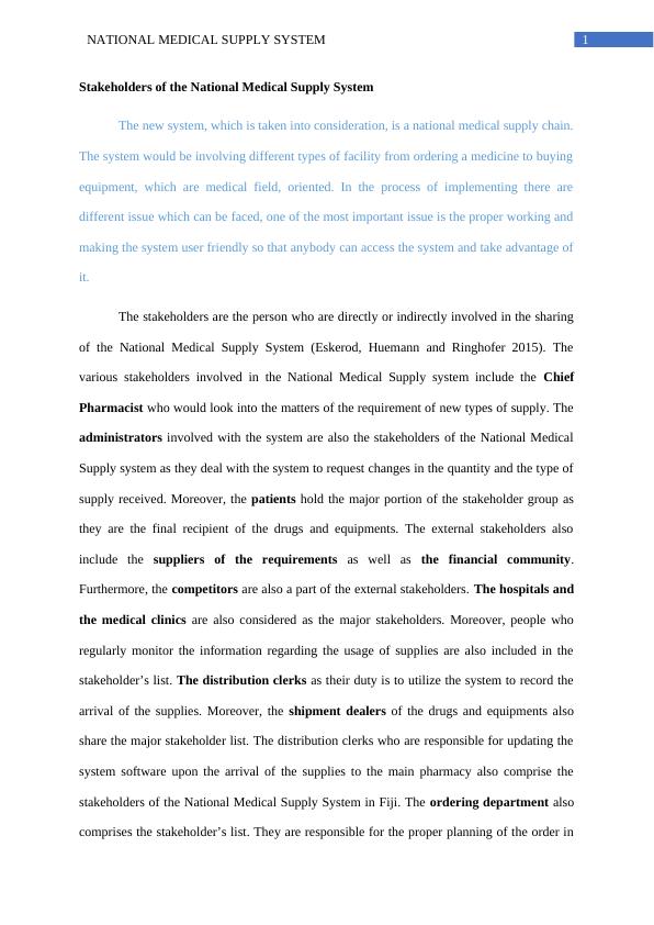 National Medical Supply System Stakeholders, Capabilities and Scope