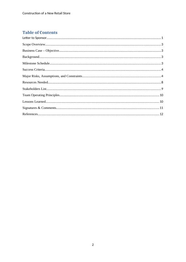 Project Charter for Construction of a New Retail Store - Desklib