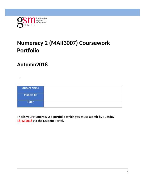 Numeracy 2 (MAII3007) Coursework Portfolio Autumn2018_1