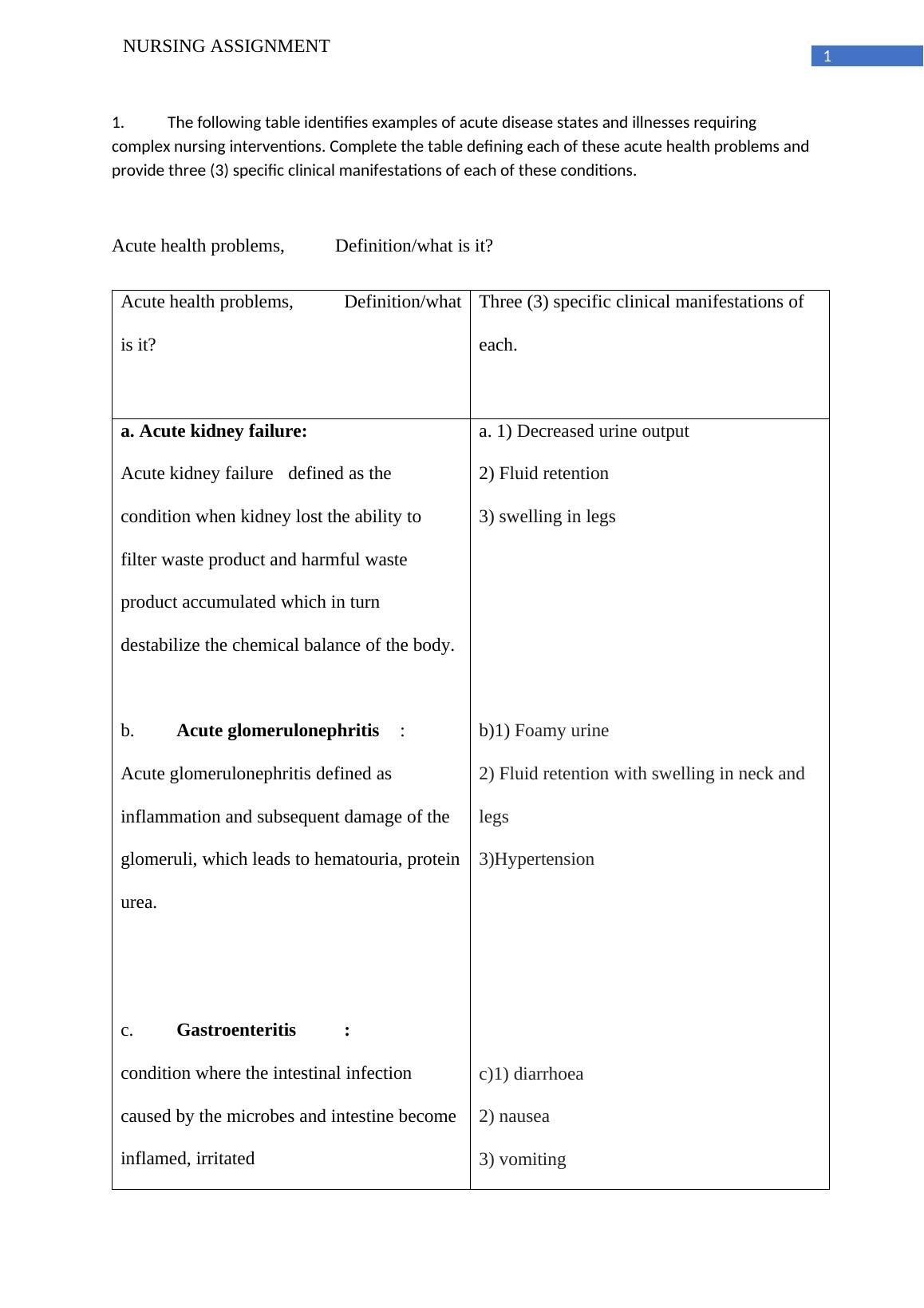 Nursing Assignment: Acute Health Problems and Surgical Interventions