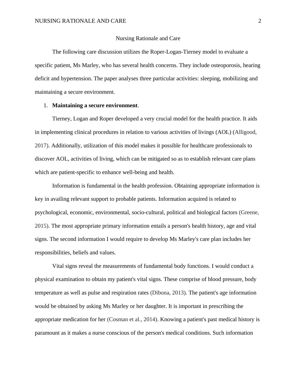 Nursing Rationale and Care: Using Roper-Logan-Tierney Model