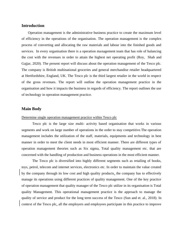 Operation Management Practice in Tesco PLC - Desklib