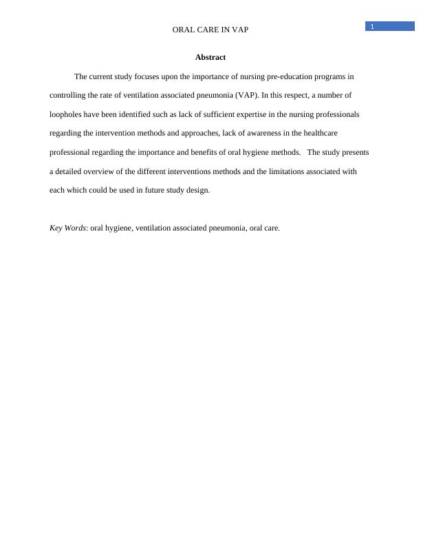 Oral Care in Reducing Ventilator Associated Pneumonia Desklib