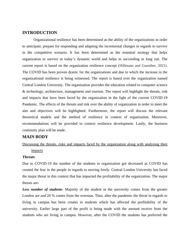 Organizational Resilience in the Face of COVID19 Threats and Risks A