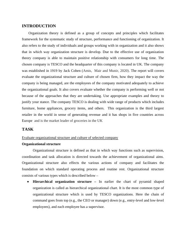 Organizational Structure and Culture of TESCO - Desklib